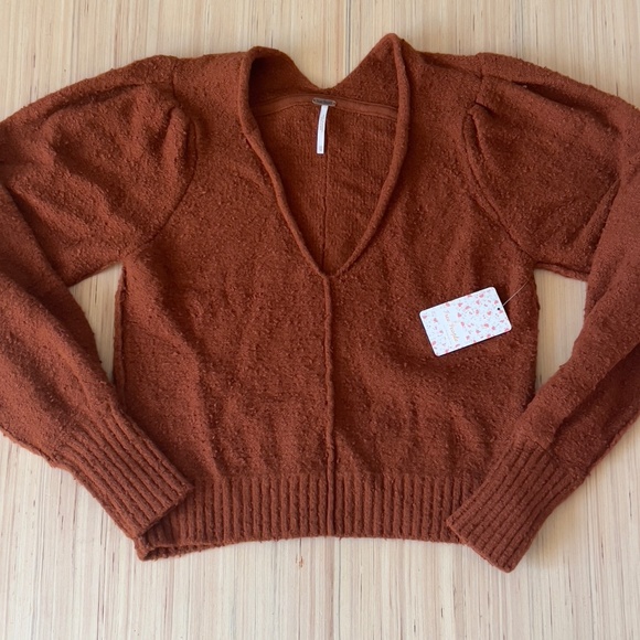 NWT Free People Reverie texture v-neck sweater XS brown burnt butter puff sleeve - Picture 3 of 10